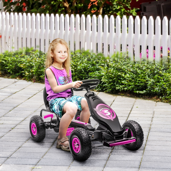 Children Pedal Raving Go Kart with Adjustable Seat, Inflatable Tyres, Shock Absorbers, Handbrake, for Ages 5-12 Years - Pink