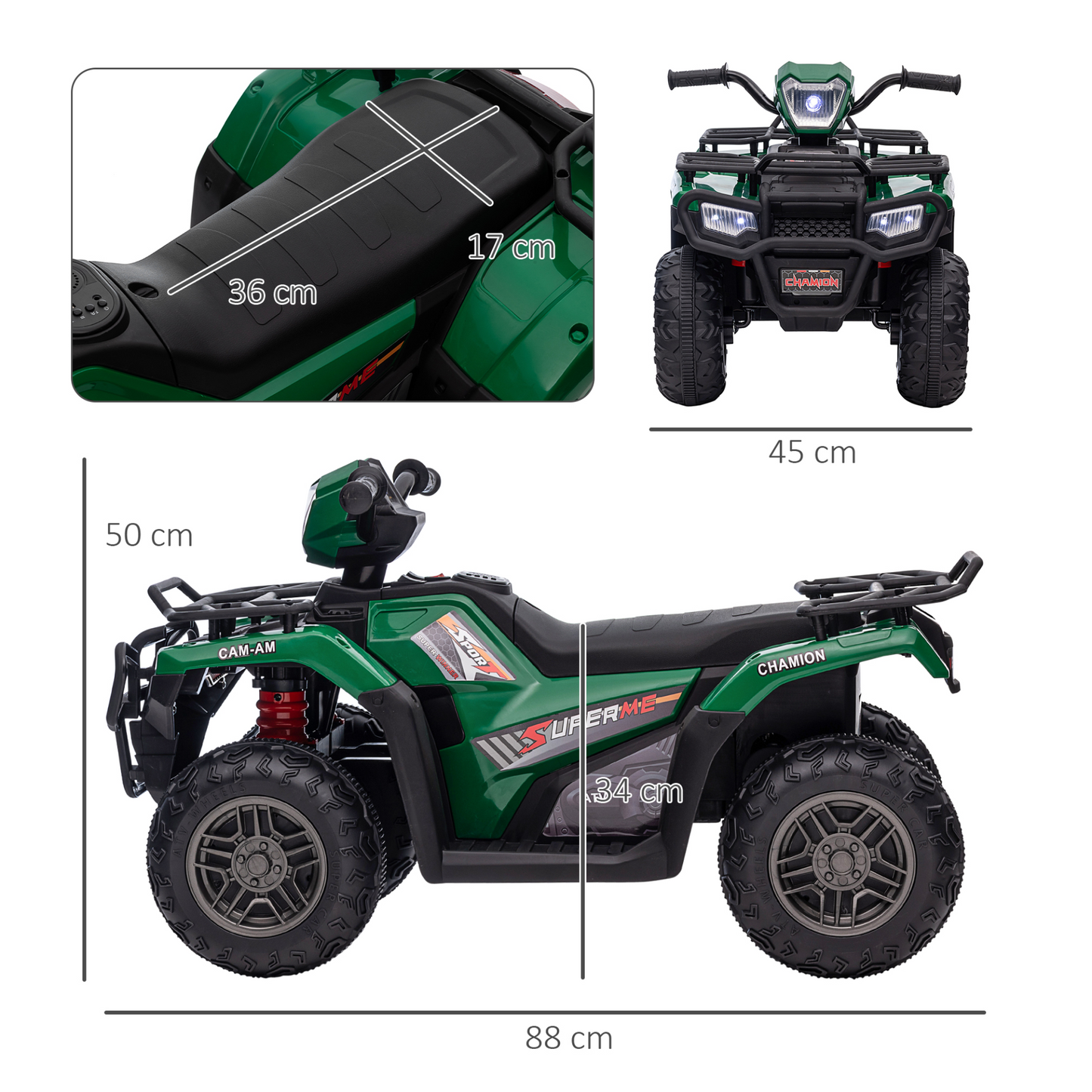 HOMCOM 12V Electric Quad Bike for Kids, Ride-On ATV w/ Forward, Reverse Functions, Music, LED Headlights, for Ages 3-5 Years - Green