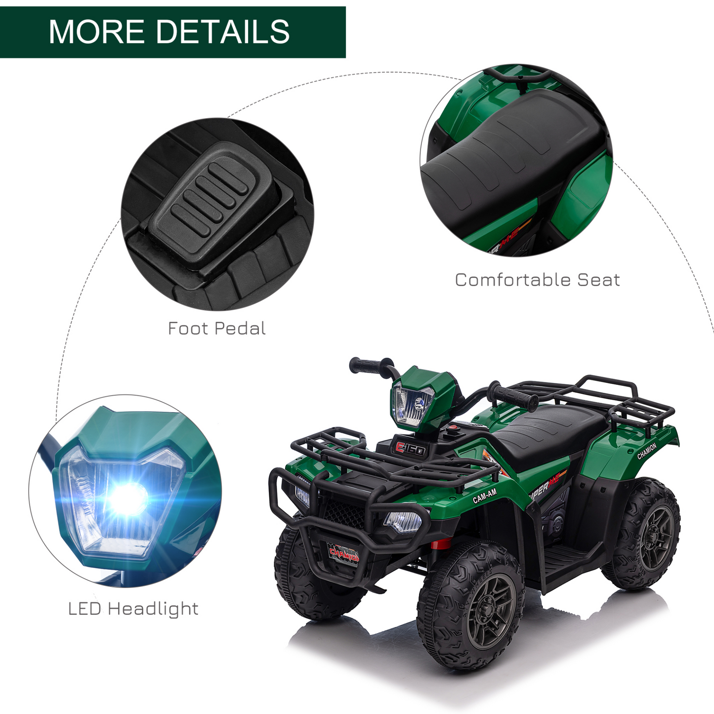 HOMCOM 12V Electric Quad Bike for Kids, Ride-On ATV w/ Forward, Reverse Functions, Music, LED Headlights, for Ages 3-5 Years - Green