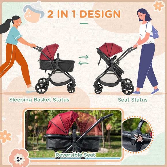 2 in 1 Pushchairs and Strollers w/ Reversible Seat, Single Hand Foldable Lightweight Baby Stroller w/ Fully Reclining Backrest 5-Point Harness Adjustable Handlebar, from Birth to 3 Yrs, Red