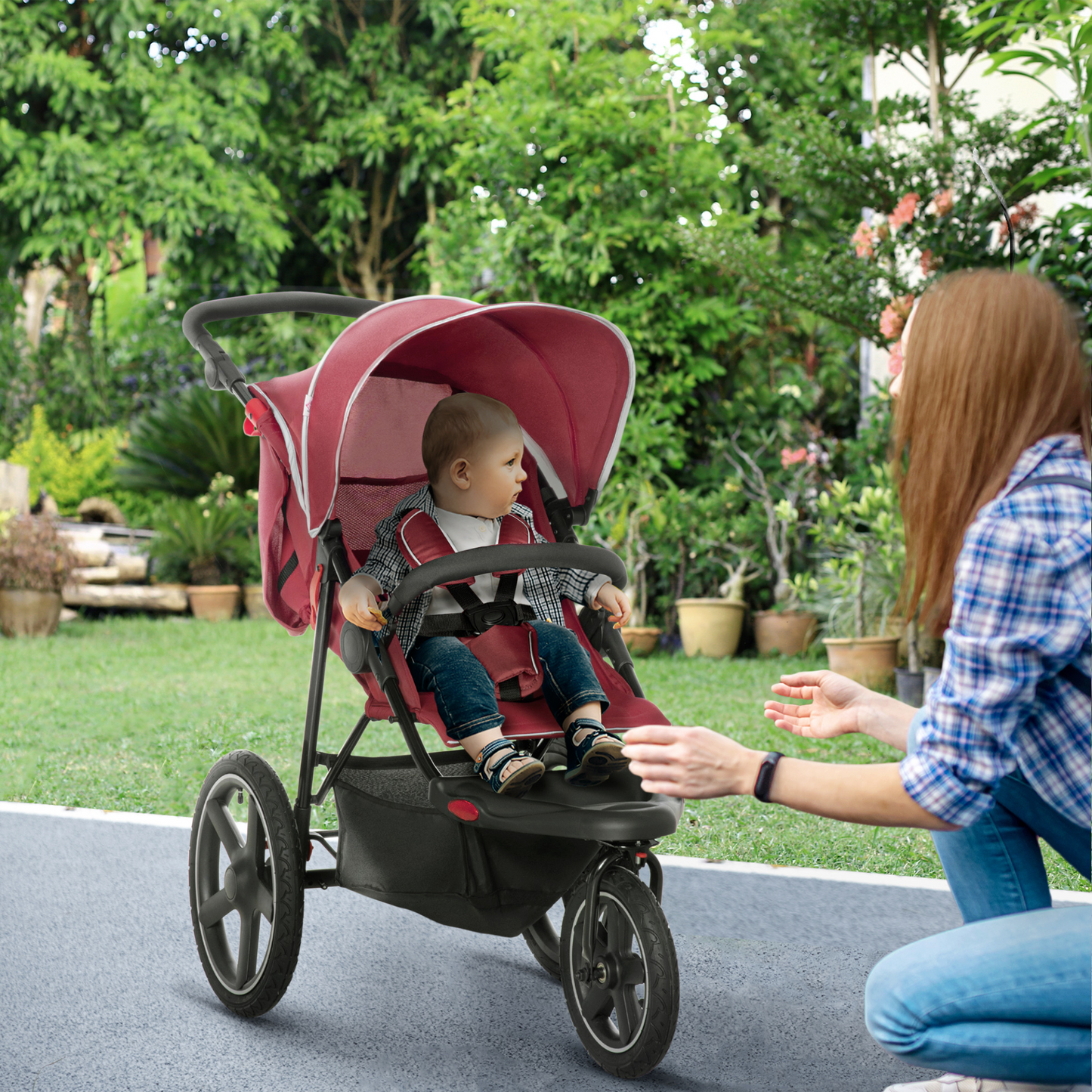 3 Wheeler Pushchair Lightweight Foldable Baby Stroller w/  Fully Reclining, Adjustable Backrest, Canopy, Shopping Basket From Birth to 3 Years Up to 15 KG- Red