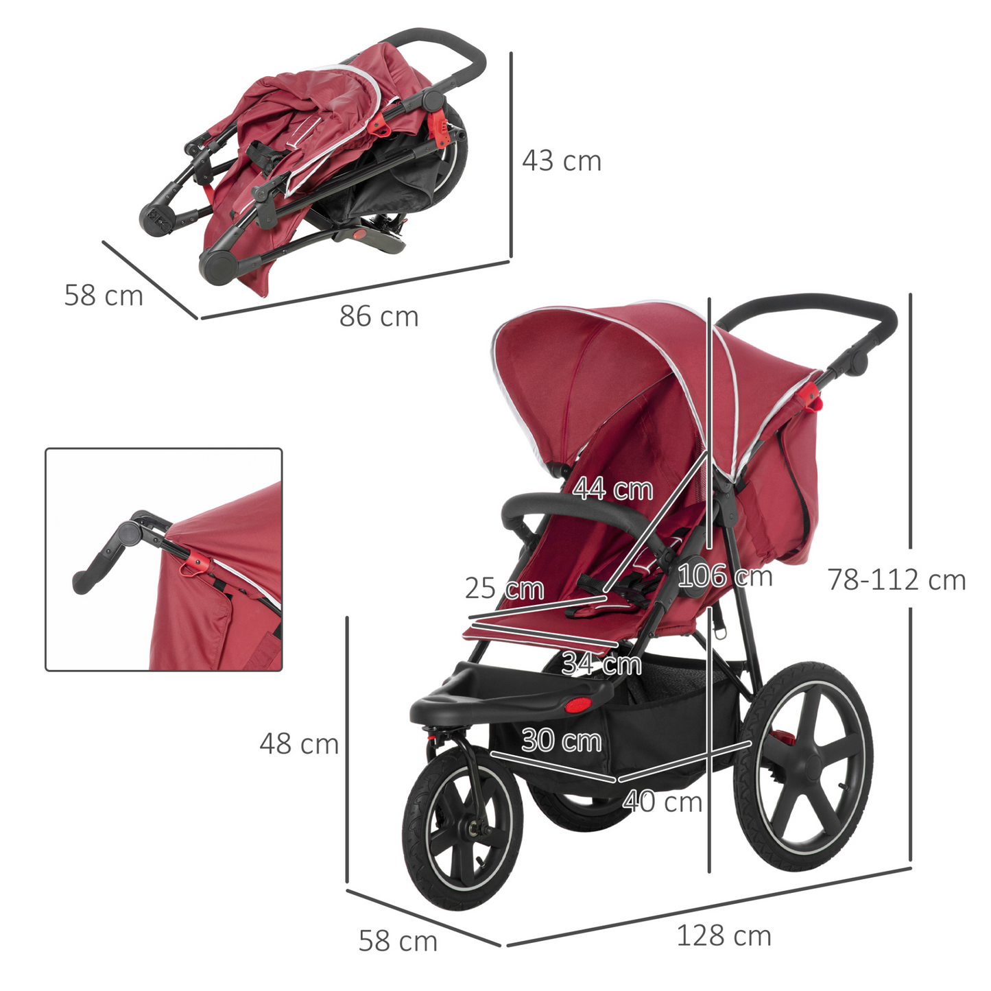 3 Wheeler Pushchair Lightweight Foldable Baby Stroller w/  Fully Reclining, Adjustable Backrest, Canopy, Shopping Basket From Birth to 3 Years Up to 15 KG- Red