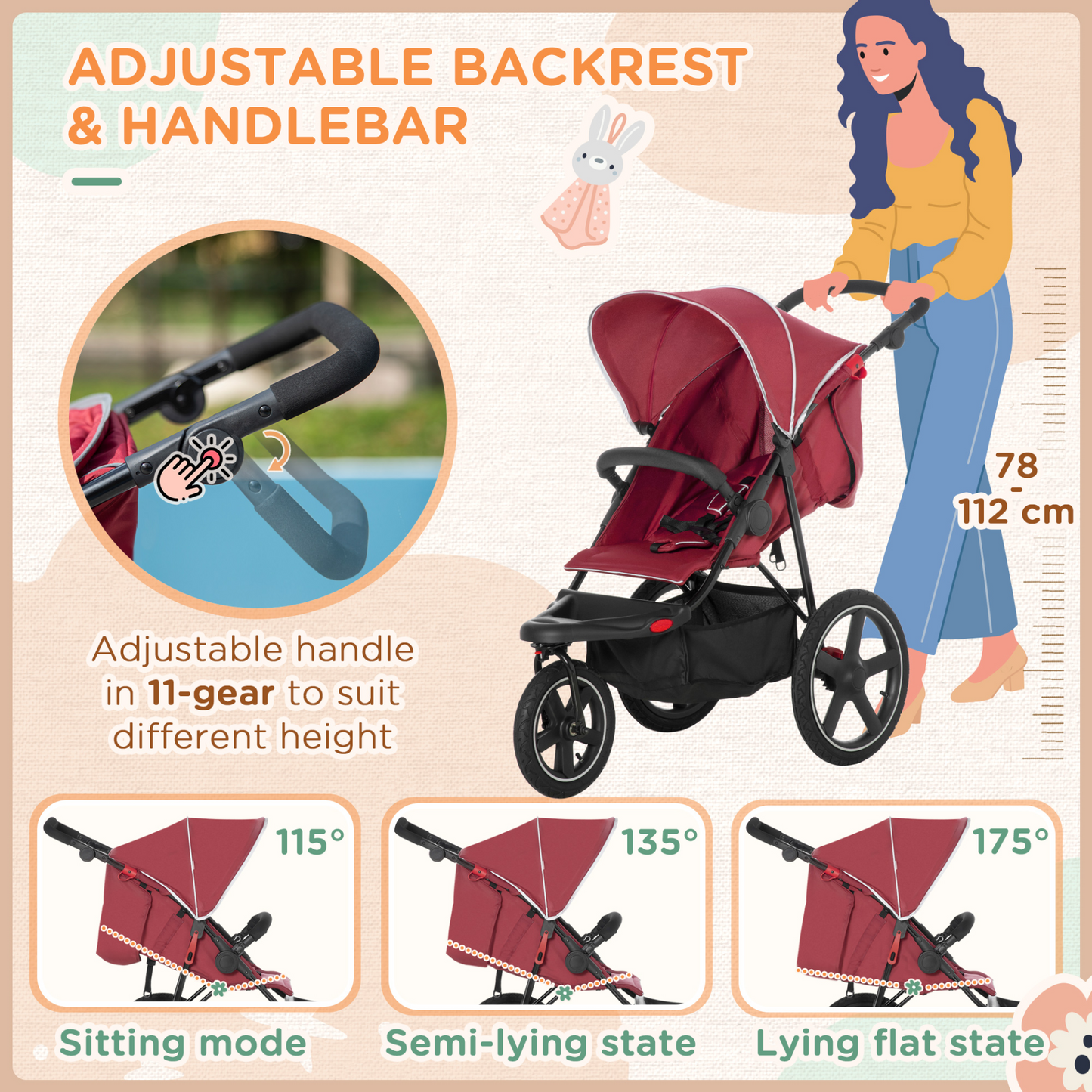 3 Wheeler Pushchair Lightweight Foldable Baby Stroller w/  Fully Reclining, Adjustable Backrest, Canopy, Shopping Basket From Birth to 3 Years Up to 15 KG- Red