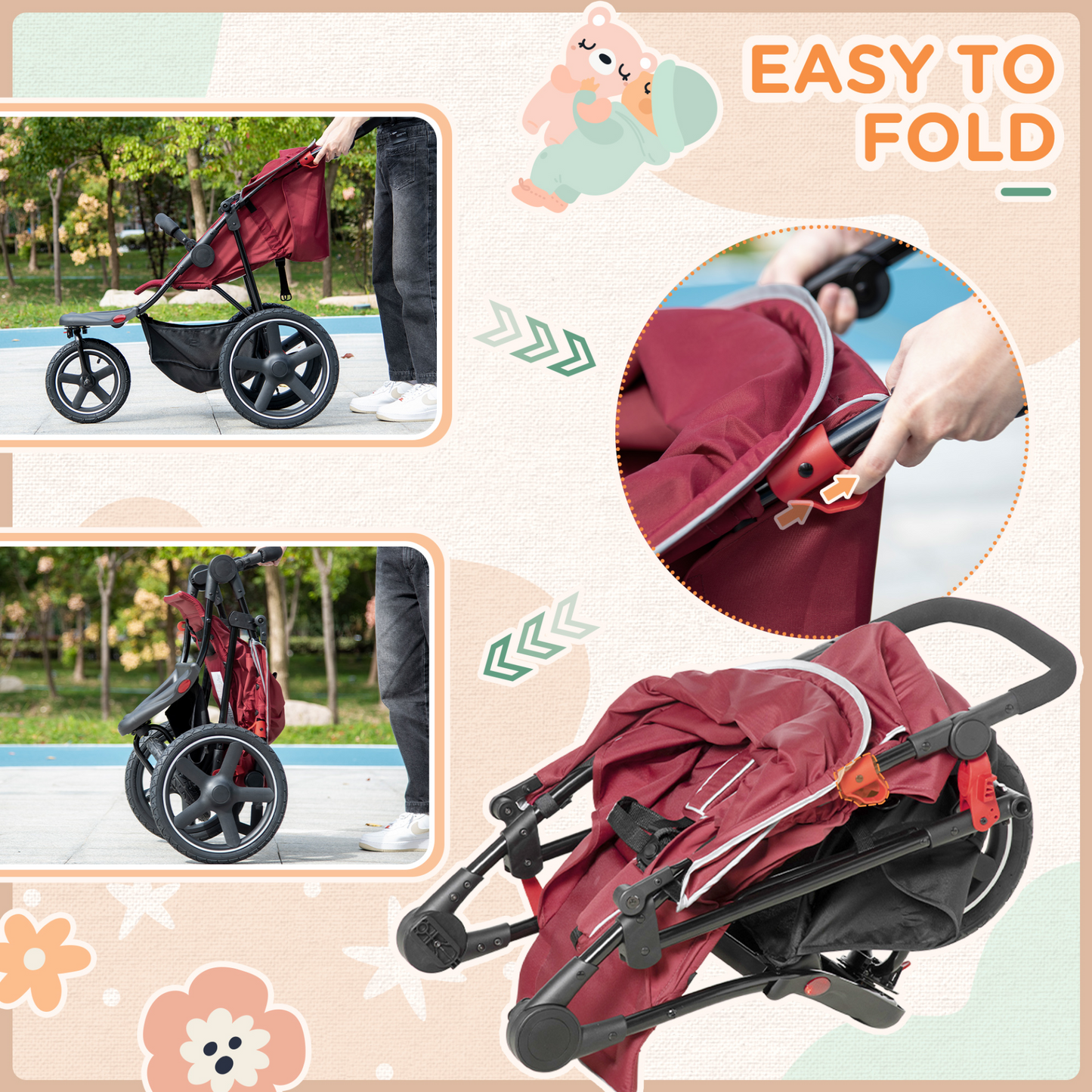 3 Wheeler Pushchair Lightweight Foldable Baby Stroller w/  Fully Reclining, Adjustable Backrest, Canopy, Shopping Basket From Birth to 3 Years Up to 15 KG- Red