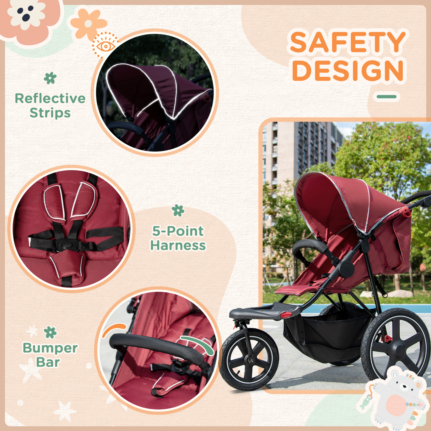 3 Wheeler Pushchair Lightweight Foldable Baby Stroller w/  Fully Reclining, Adjustable Backrest, Canopy, Shopping Basket From Birth to 3 Years Up to 15 KG- Red