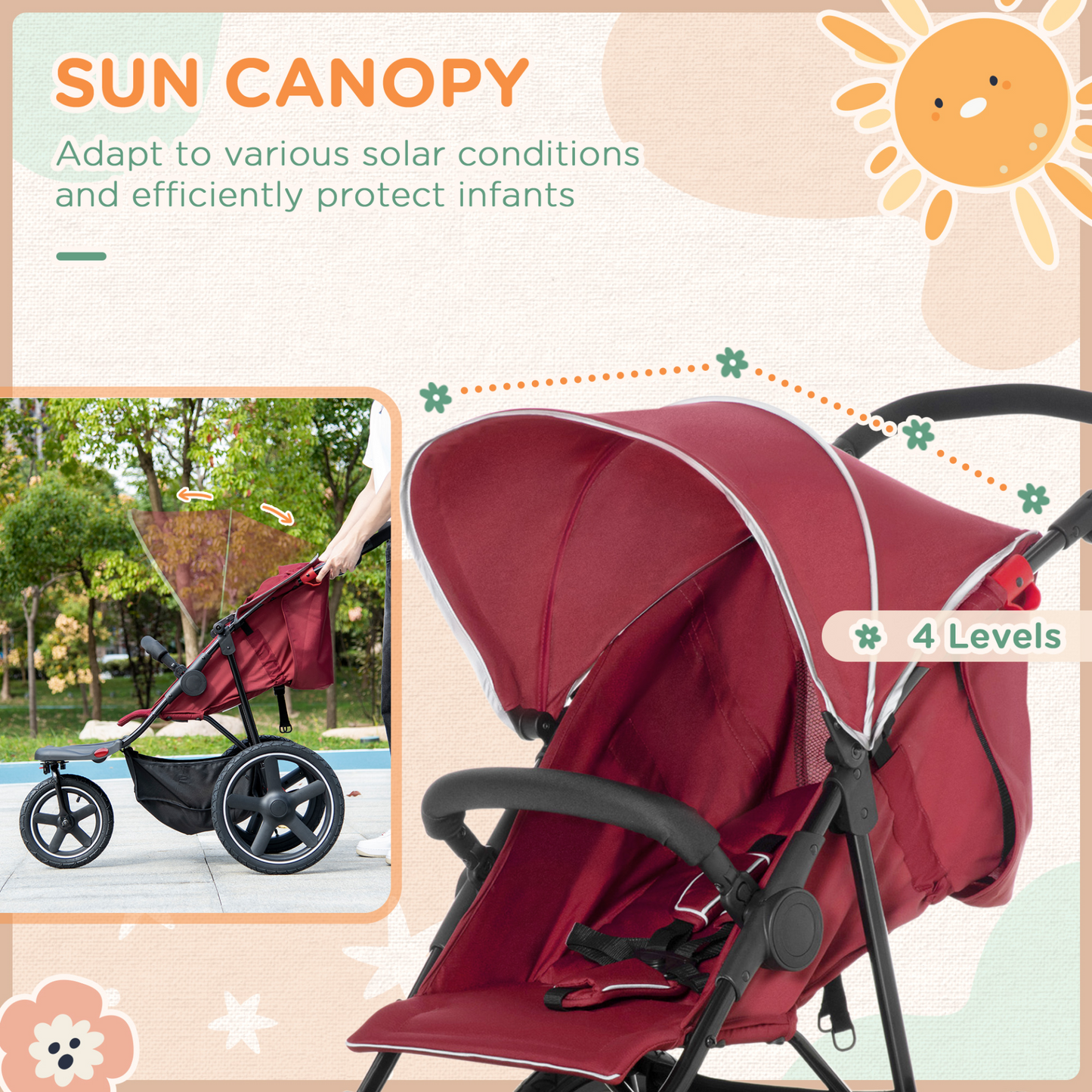 3 Wheeler Pushchair Lightweight Foldable Baby Stroller w/  Fully Reclining, Adjustable Backrest, Canopy, Shopping Basket From Birth to 3 Years Up to 15 KG- Red