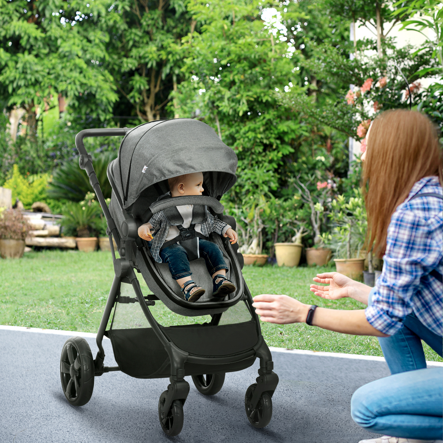 2 in 1 Pushchairs and Strollers w/ Reversible Seat, Single Hand Foldable Lightweight Baby Stroller w/ Fully Reclining Backrest 5-Point Harness Adjustable Handlebar, from Birth to 3 Yrs, Grey