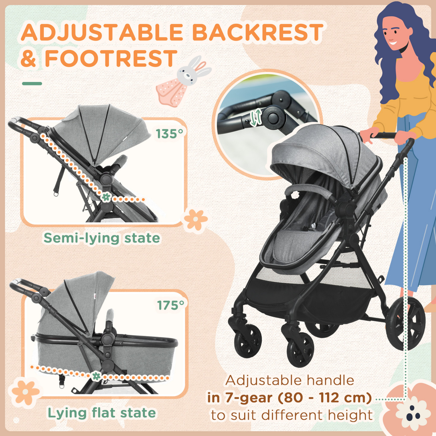 2 in 1 Pushchairs and Strollers w/ Reversible Seat, Single Hand Foldable Lightweight Baby Stroller w/ Fully Reclining Backrest 5-Point Harness Adjustable Handlebar, from Birth to 3 Yrs, Grey