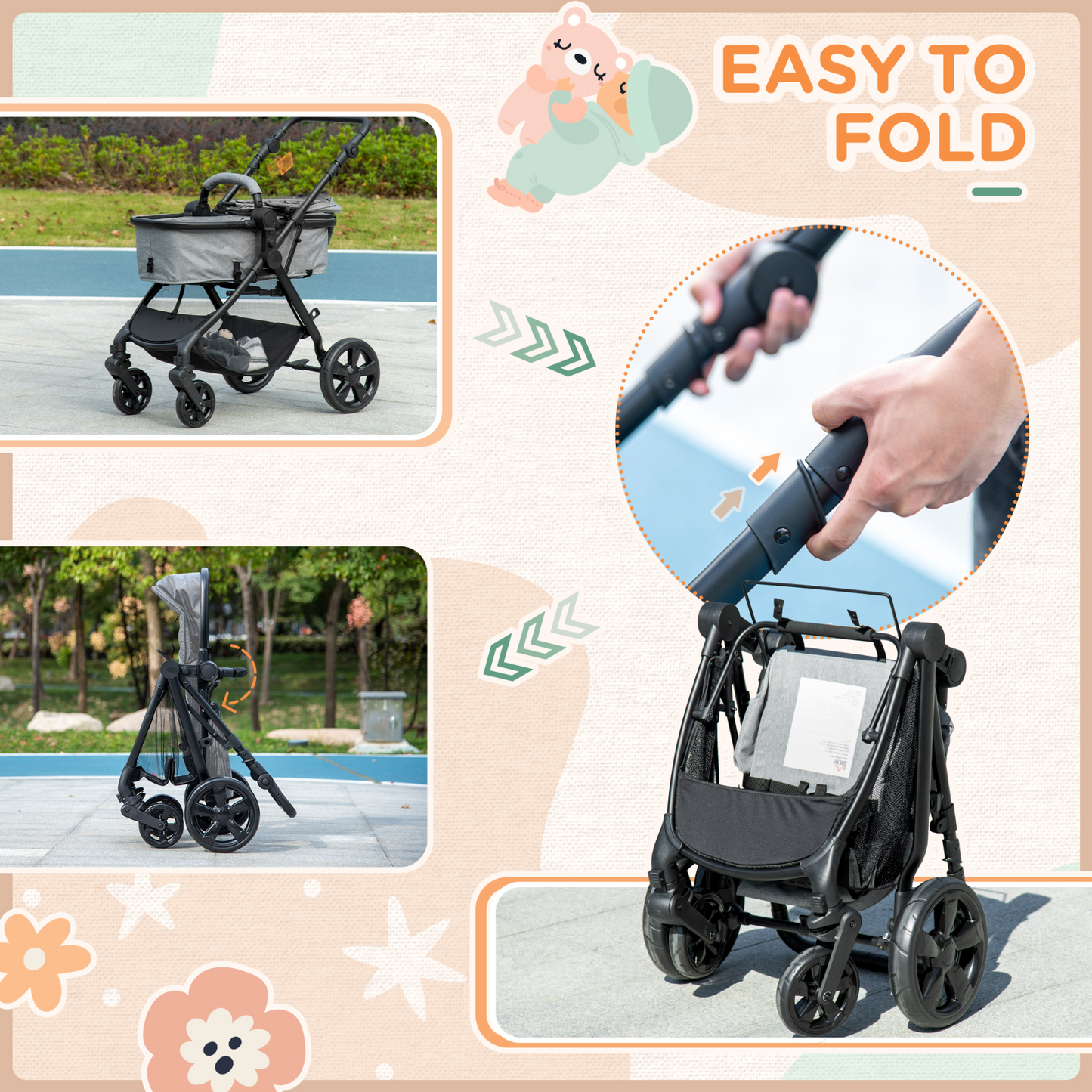 2 in 1 Pushchairs and Strollers w/ Reversible Seat, Single Hand Foldable Lightweight Baby Stroller w/ Fully Reclining Backrest 5-Point Harness Adjustable Handlebar, from Birth to 3 Yrs, Grey