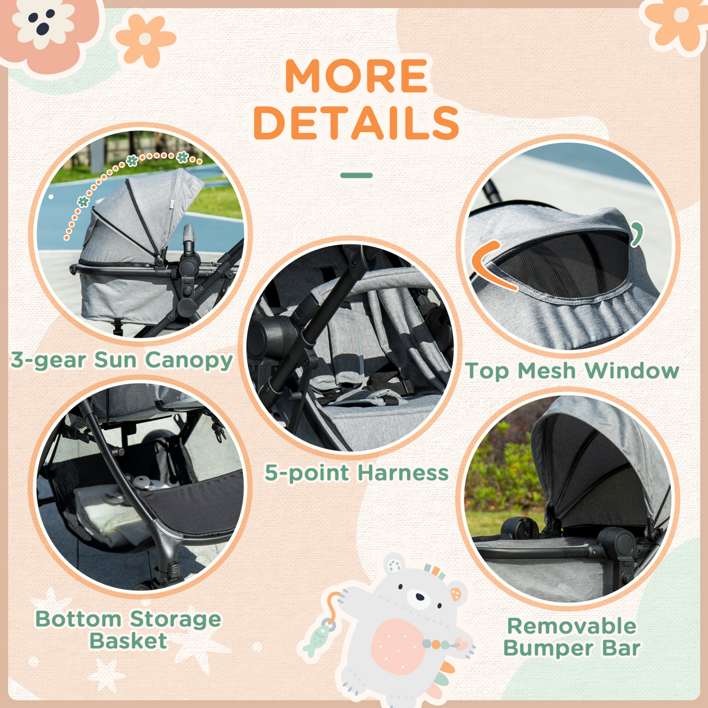 2 in 1 Pushchairs and Strollers w/ Reversible Seat, Single Hand Foldable Lightweight Baby Stroller w/ Fully Reclining Backrest 5-Point Harness Adjustable Handlebar, from Birth to 3 Yrs, Grey