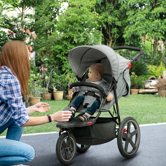 3 Wheeler Pushchair Lightweight Foldable Baby Stroller w/  Fully Reclining, Adjustable Backrest, Canopy, Shopping Basket From Birth to 3 Years Up to 15 KG- Grey