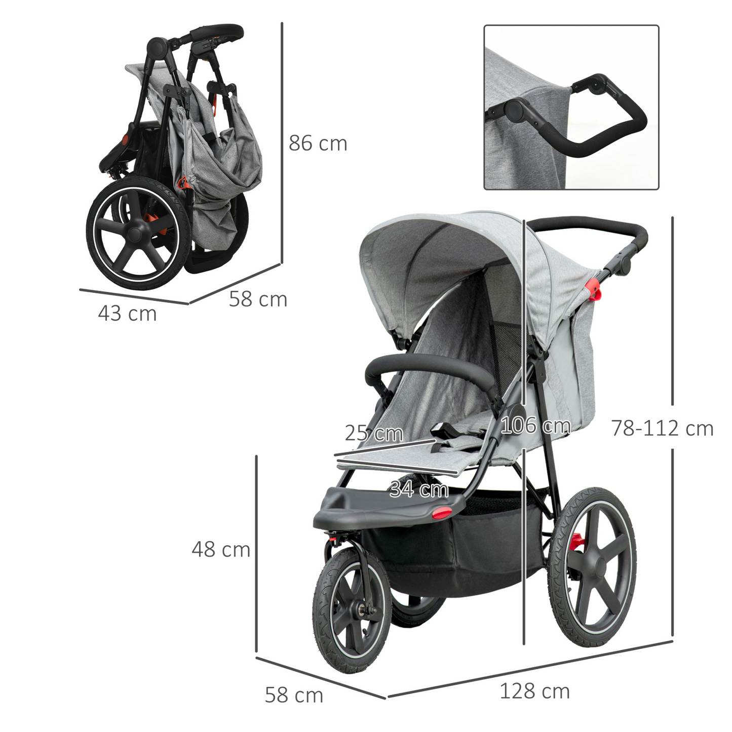 3 Wheeler Pushchair Lightweight Foldable Baby Stroller w/  Fully Reclining, Adjustable Backrest, Canopy, Shopping Basket From Birth to 3 Years Up to 15 KG- Grey