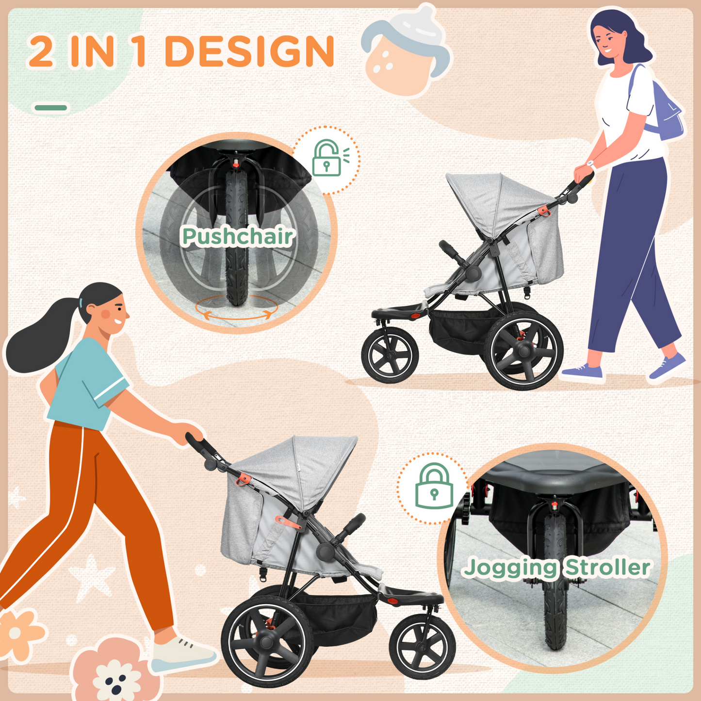 3 Wheeler Pushchair Lightweight Foldable Baby Stroller w/  Fully Reclining, Adjustable Backrest, Canopy, Shopping Basket From Birth to 3 Years Up to 15 KG- Grey