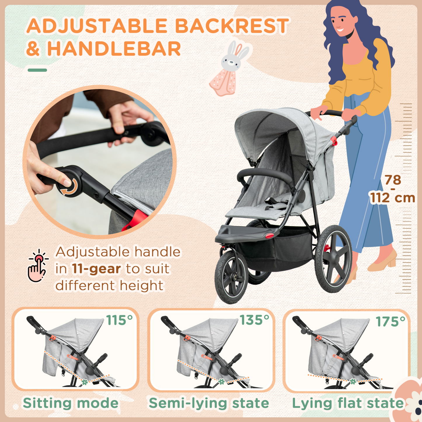 3 Wheeler Pushchair Lightweight Foldable Baby Stroller w/  Fully Reclining, Adjustable Backrest, Canopy, Shopping Basket From Birth to 3 Years Up to 15 KG- Grey