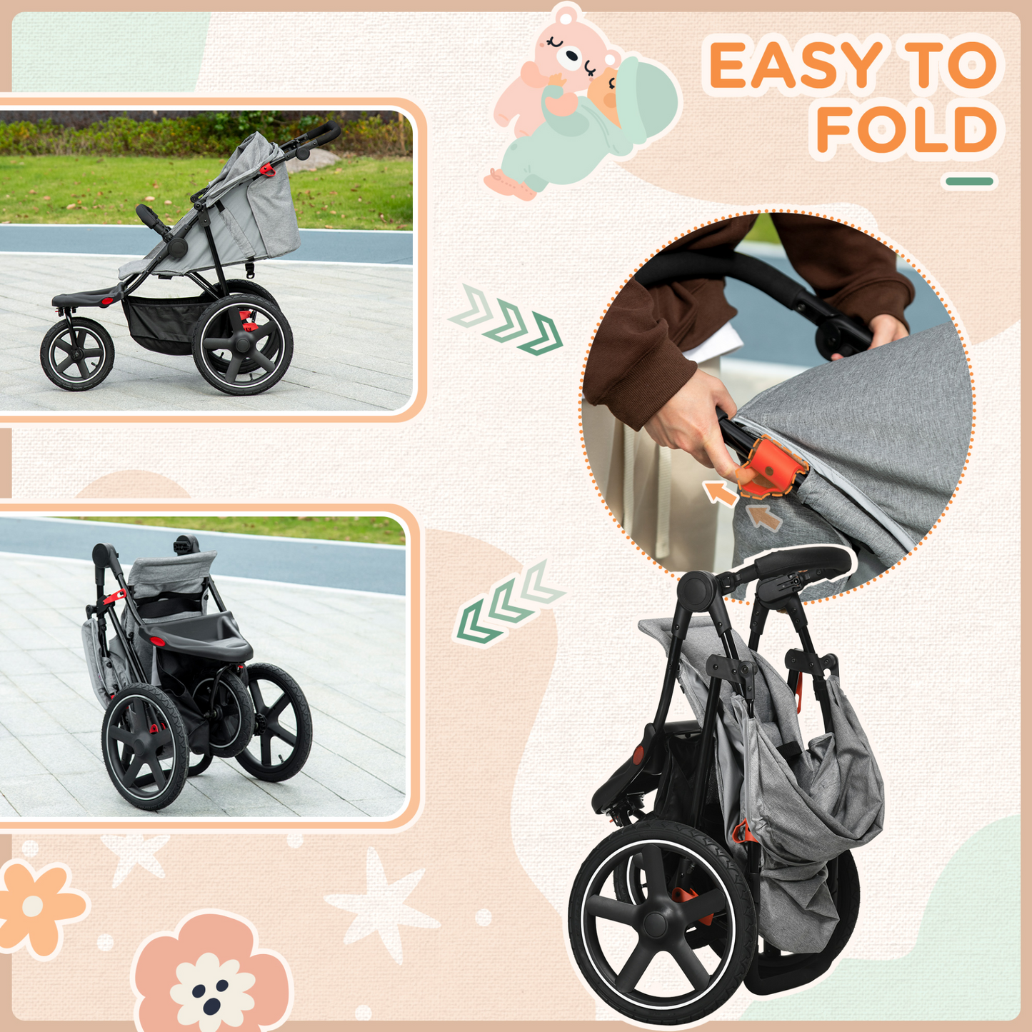 3 Wheeler Pushchair Lightweight Foldable Baby Stroller w/  Fully Reclining, Adjustable Backrest, Canopy, Shopping Basket From Birth to 3 Years Up to 15 KG- Grey