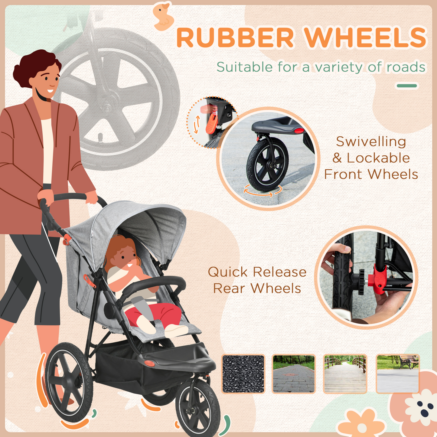 3 Wheeler Pushchair Lightweight Foldable Baby Stroller w/  Fully Reclining, Adjustable Backrest, Canopy, Shopping Basket From Birth to 3 Years Up to 15 KG- Grey