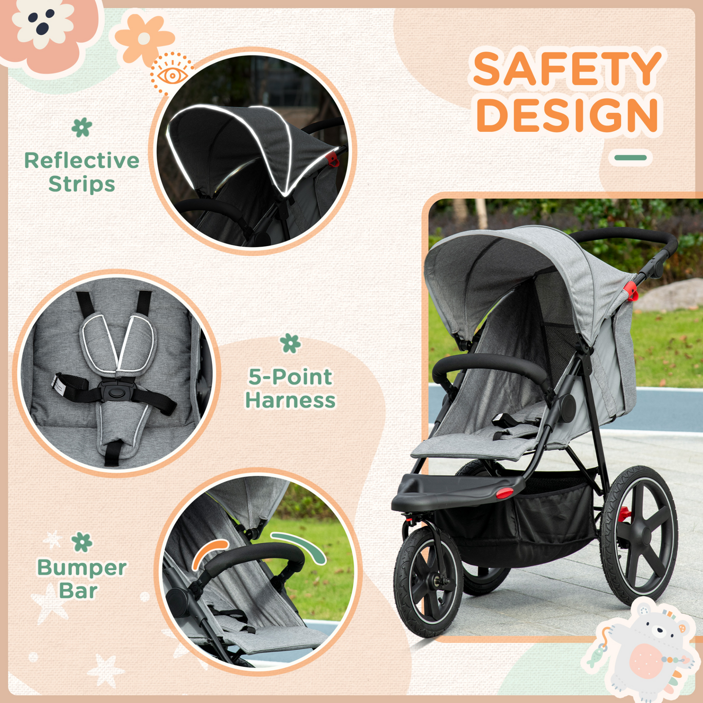 3 Wheeler Pushchair Lightweight Foldable Baby Stroller w/  Fully Reclining, Adjustable Backrest, Canopy, Shopping Basket From Birth to 3 Years Up to 15 KG- Grey