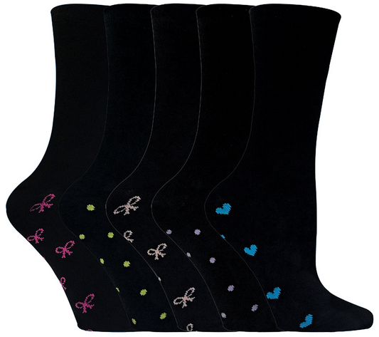 5 Pairs Ladies Black Cotton Socks | Hearts & Bows