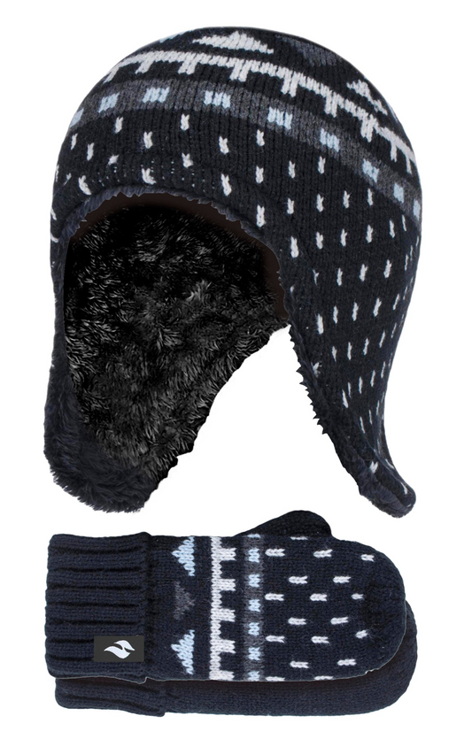 Boys Thermal Faux Fur Pom Pom Hat & Mittens Set