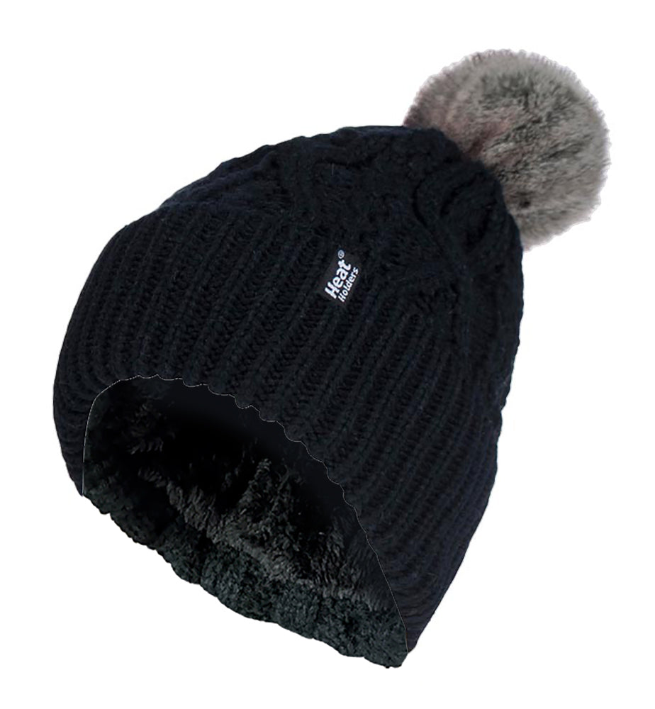 Ladies Cuffed Fleece Lined Pom Pom Beanie Hat