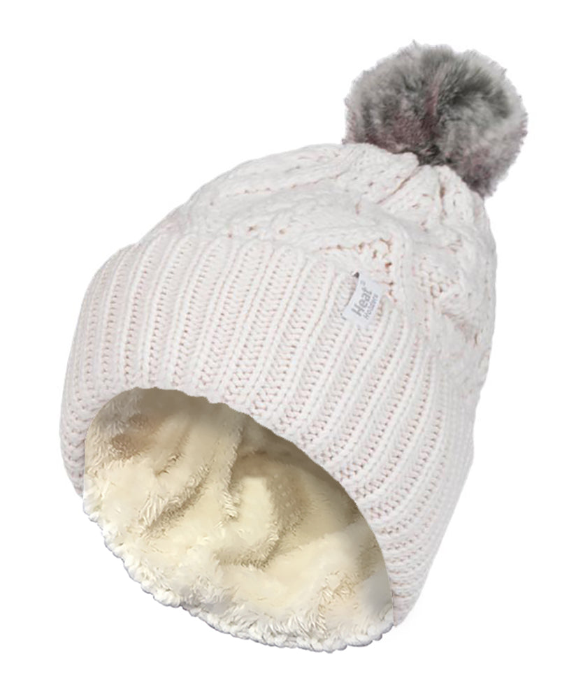 Ladies Cuffed Fleece Lined Pom Pom Beanie Hat