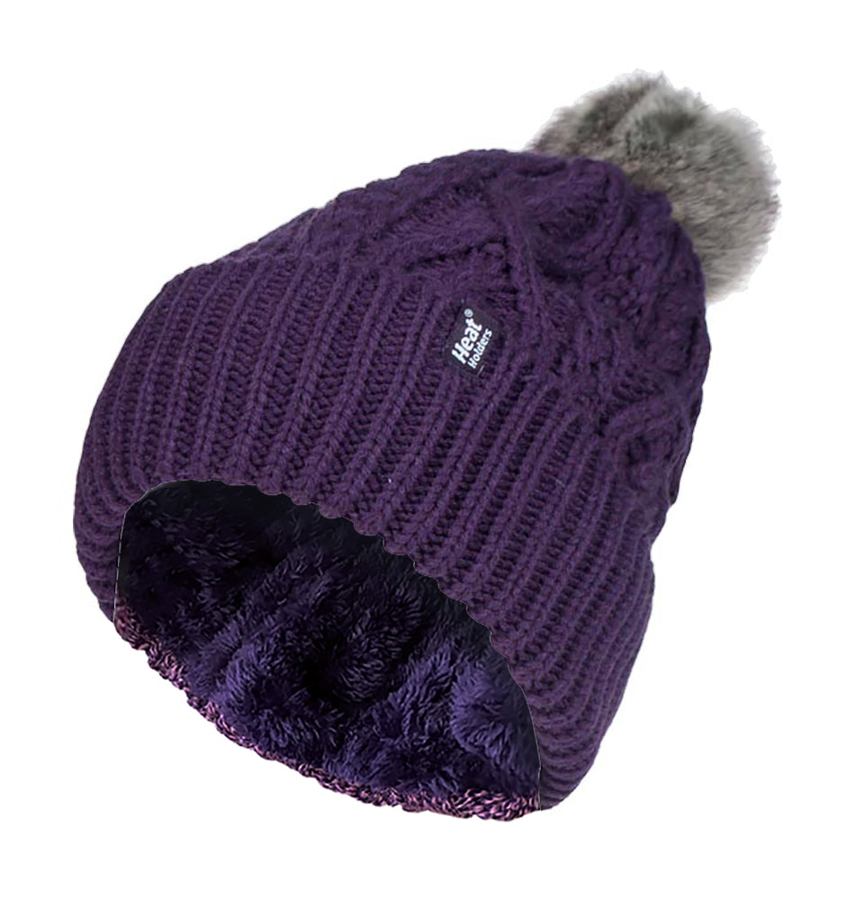 Ladies Cuffed Fleece Lined Pom Pom Beanie Hat