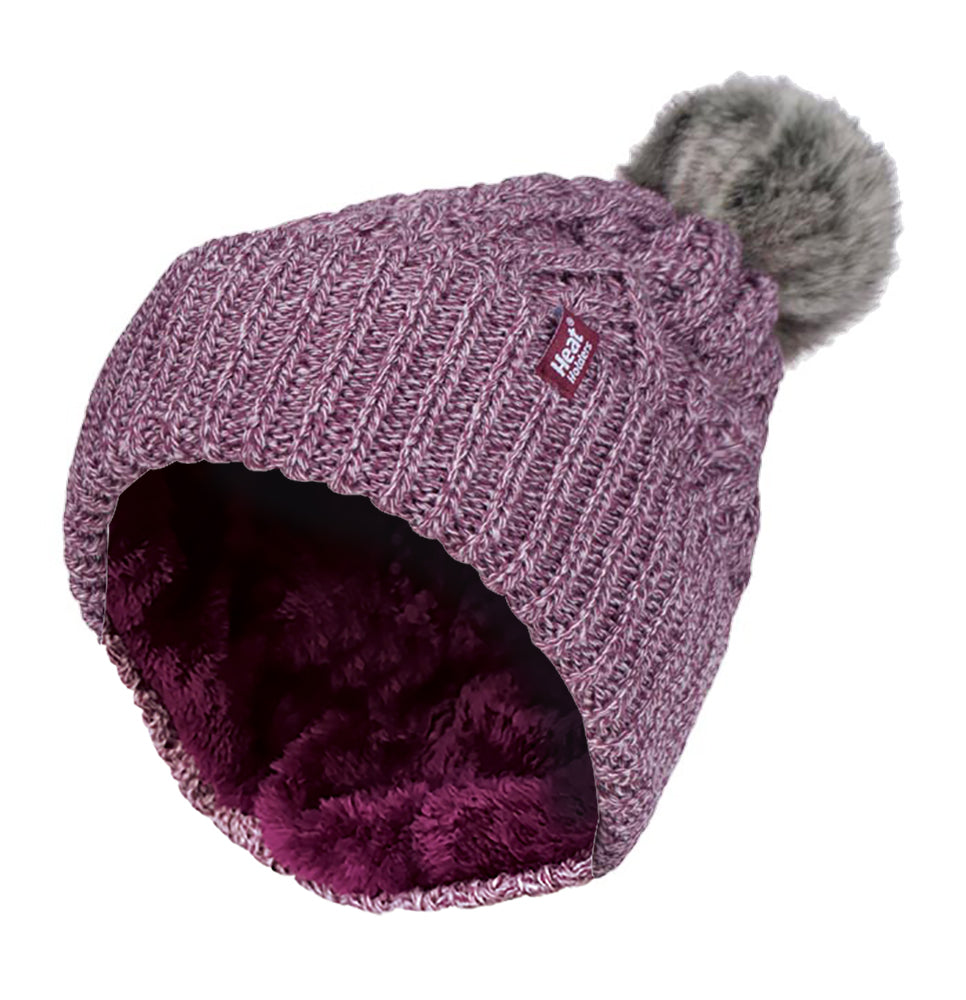 Ladies Cuffed Fleece Lined Pom Pom Beanie Hat