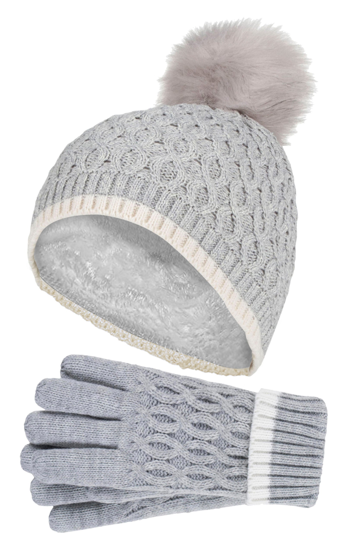 Girls Thermal Warm Bobble Beanie Hat & Gloves Set