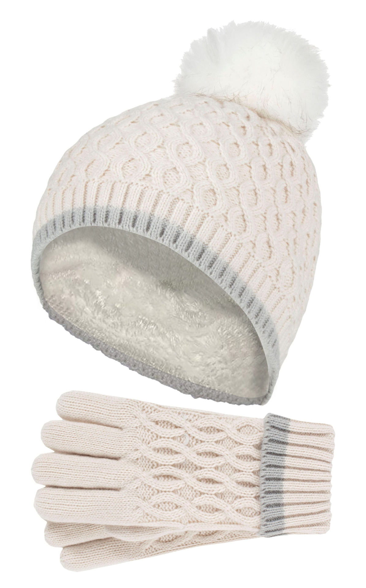 Girls Thermal Warm Bobble Beanie Hat & Gloves Set