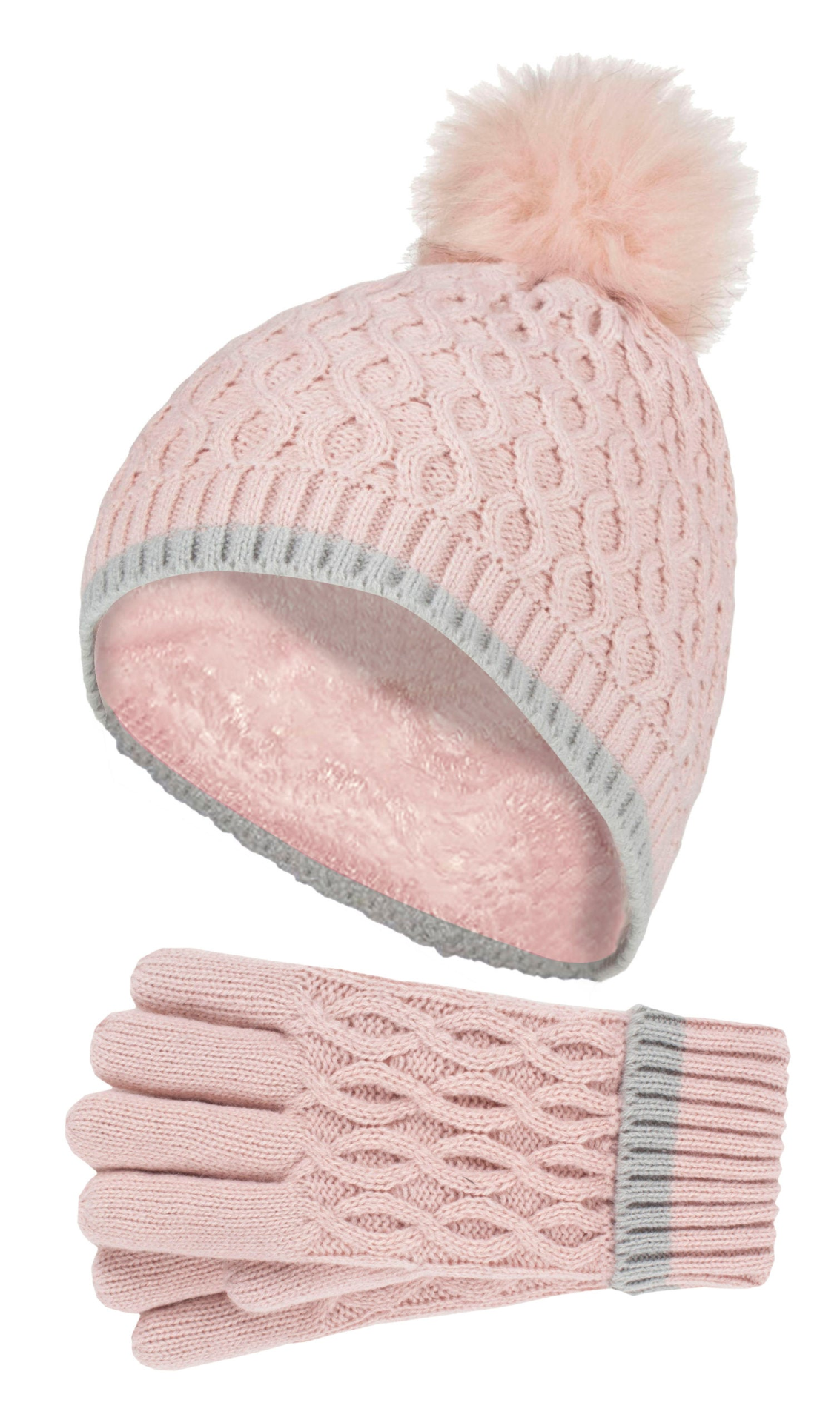 Girls Thermal Warm Bobble Beanie Hat & Gloves Set