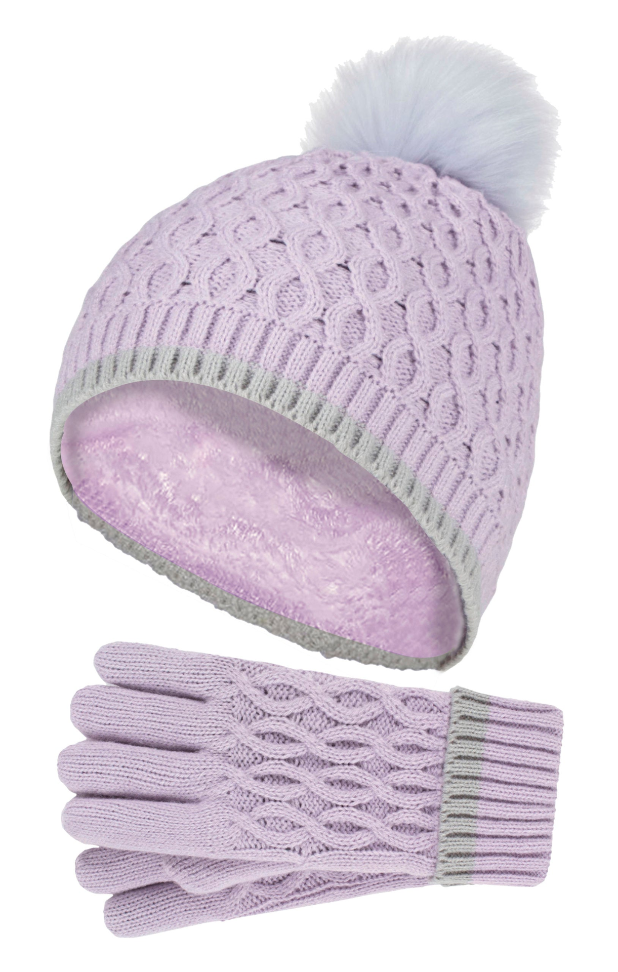 Girls Thermal Warm Bobble Beanie Hat & Gloves Set