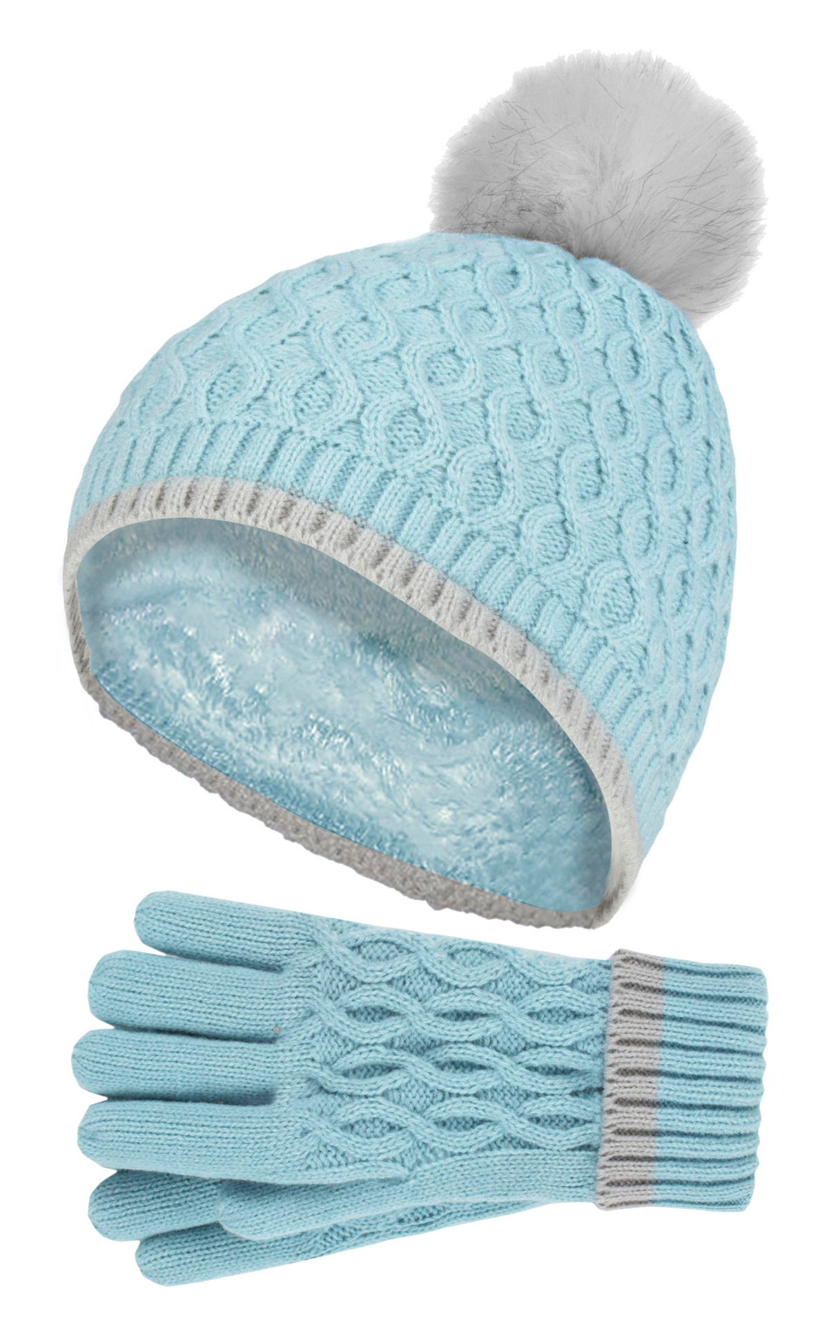 Girls Thermal Warm Bobble Beanie Hat & Gloves Set