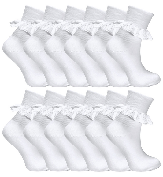 12 Pair White Frilly Lace Socks 7 Sizes