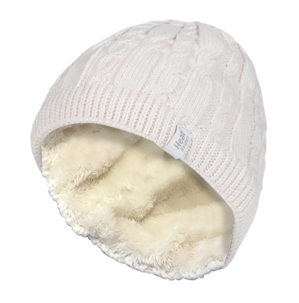 Womens Ribbed Cable Knit Fleece Lined Beanie Hat