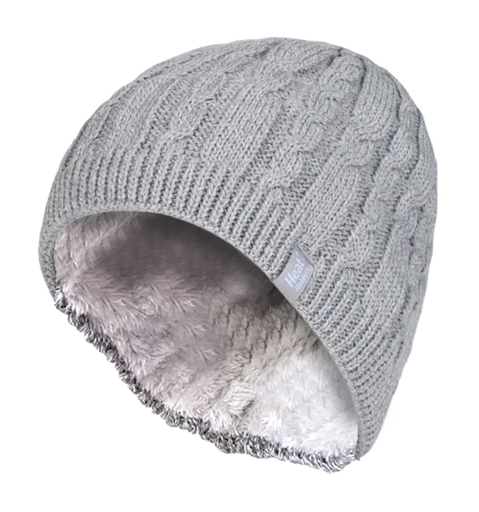 Womens Ribbed Cable Knit Fleece Lined Beanie Hat