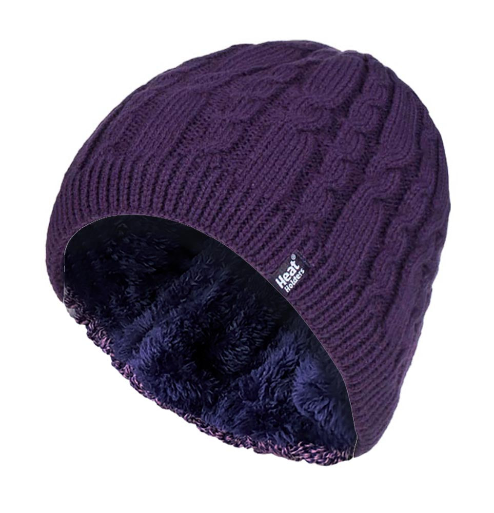 Womens Ribbed Cable Knit Fleece Lined Beanie Hat