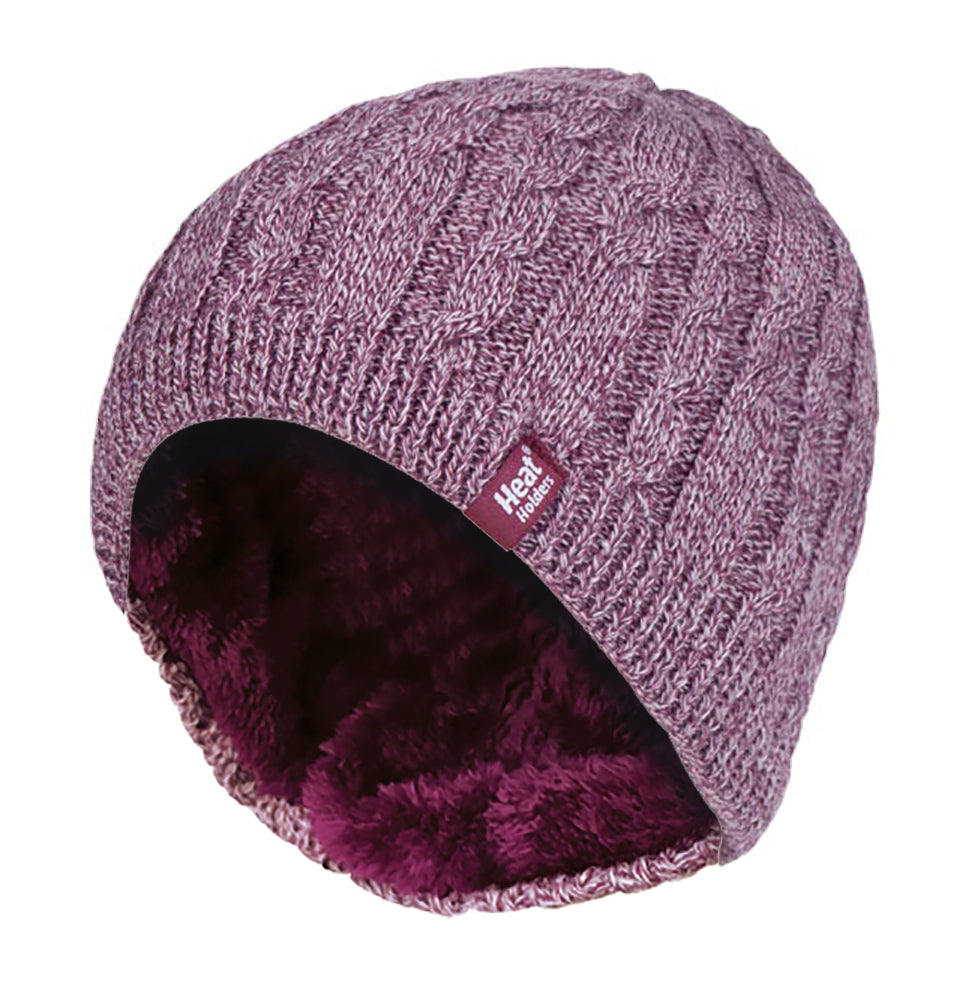 Womens Ribbed Cable Knit Fleece Lined Beanie Hat