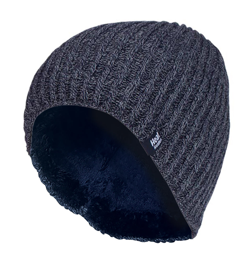 Mens Fine Ribbed Fleece Lined Thermal Beanie Hat