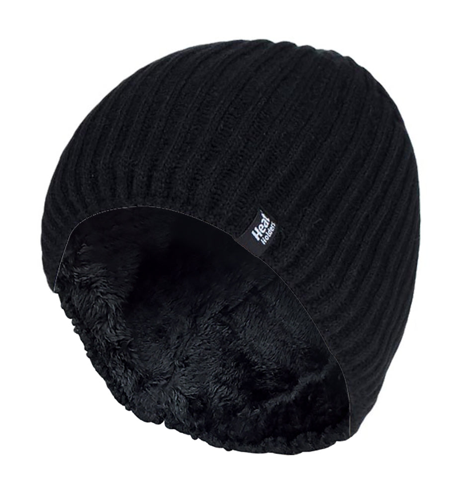 Mens Fine Ribbed Fleece Lined Thermal Beanie Hat