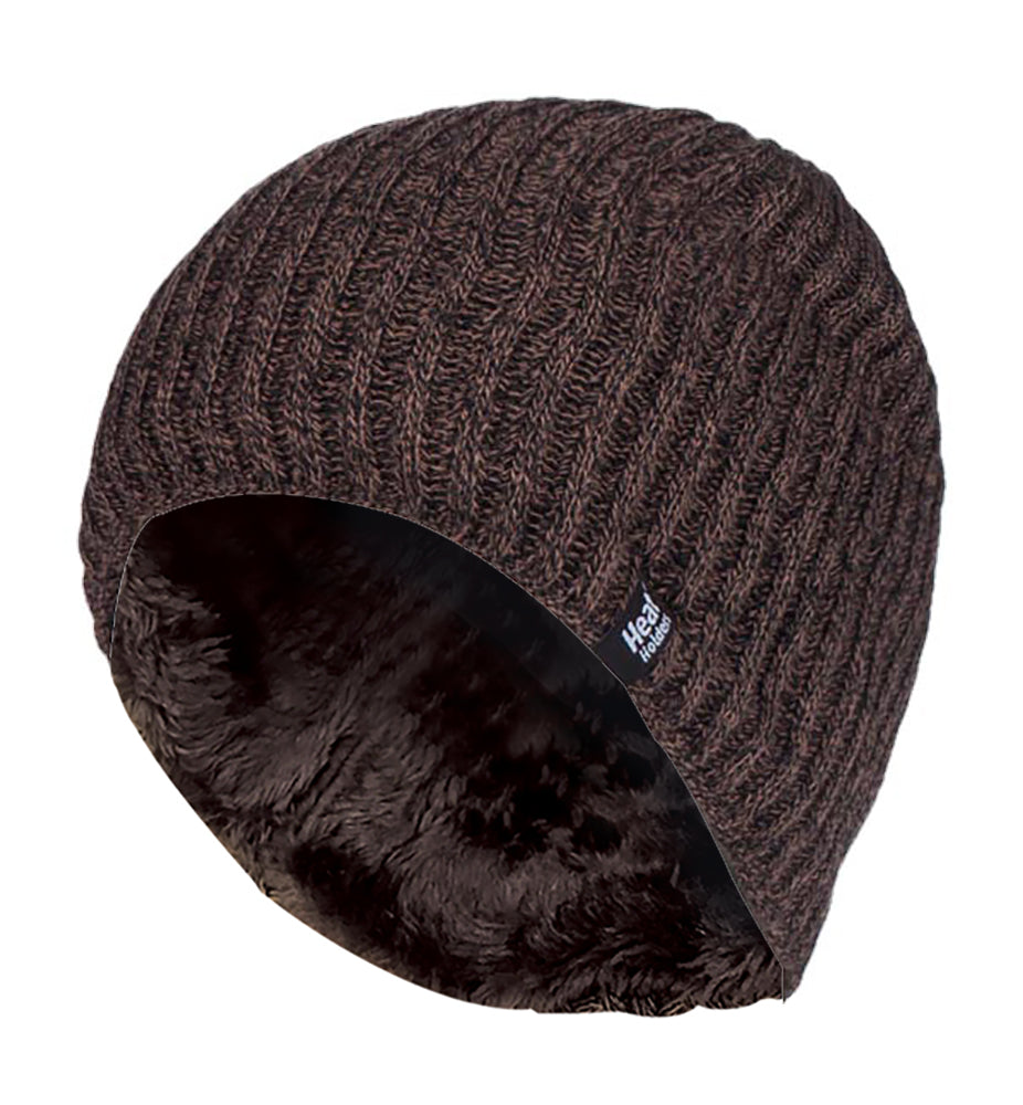 Mens Fine Ribbed Fleece Lined Thermal Beanie Hat