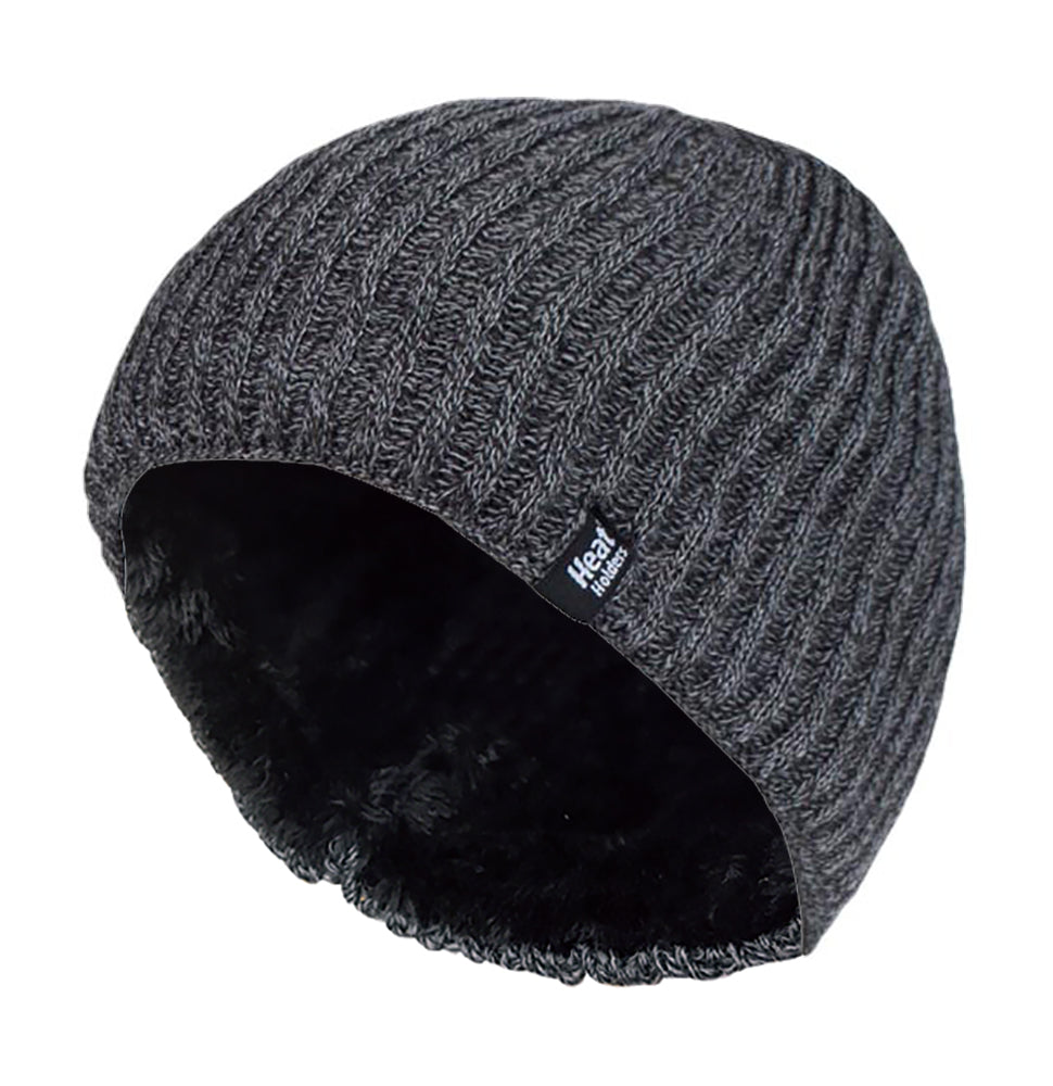 Mens Fine Ribbed Fleece Lined Thermal Beanie Hat