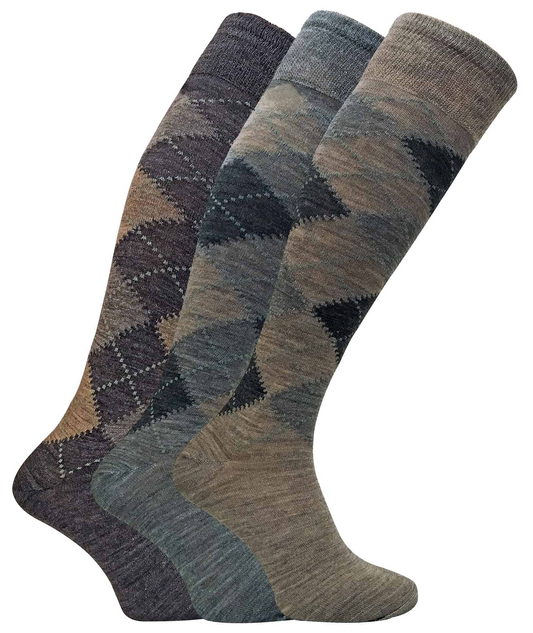 3 Pairs Mens Argyle Lambs Wool Knee High Socks