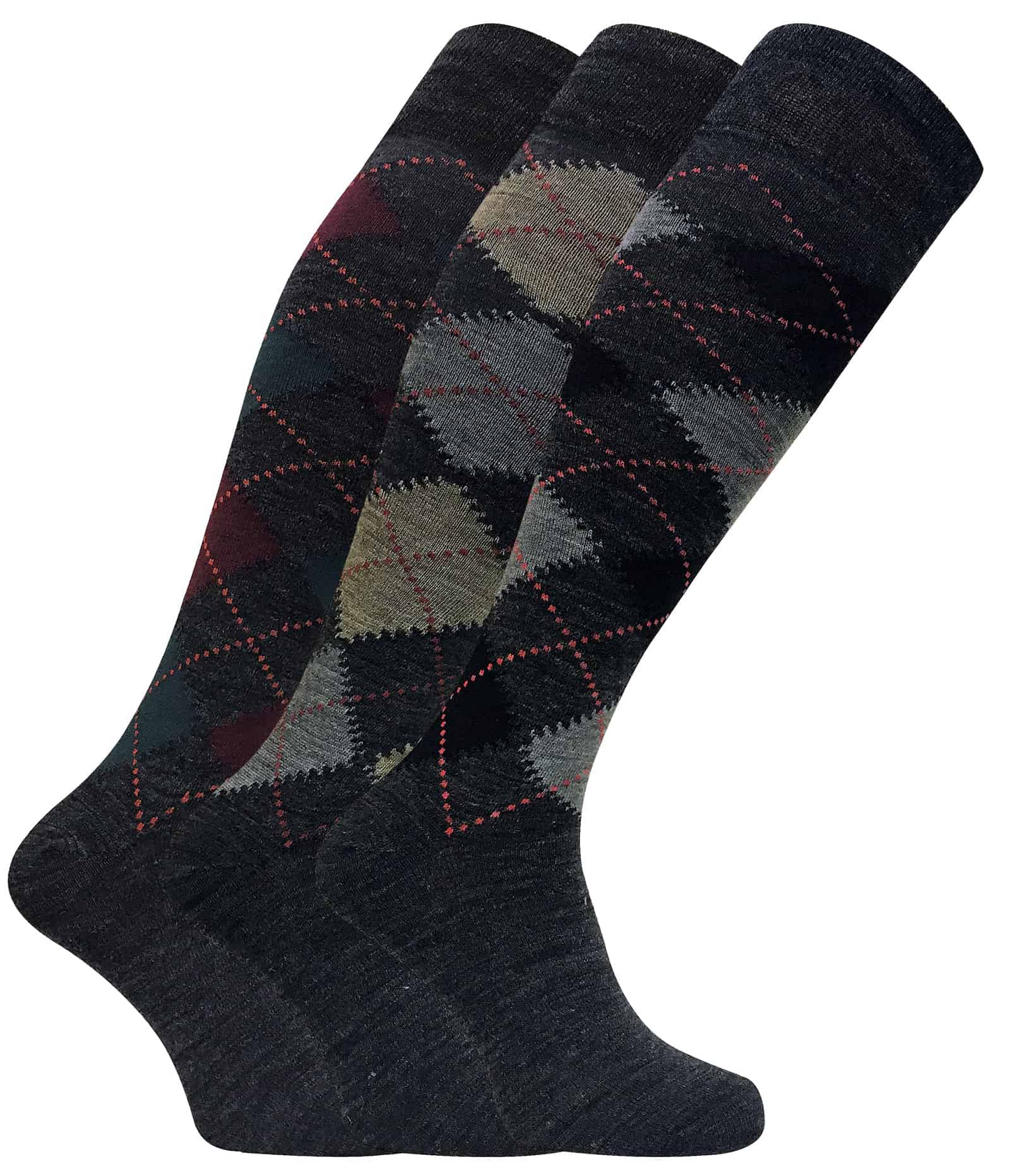 3 Pairs Mens Argyle Lambs Wool Knee High Socks