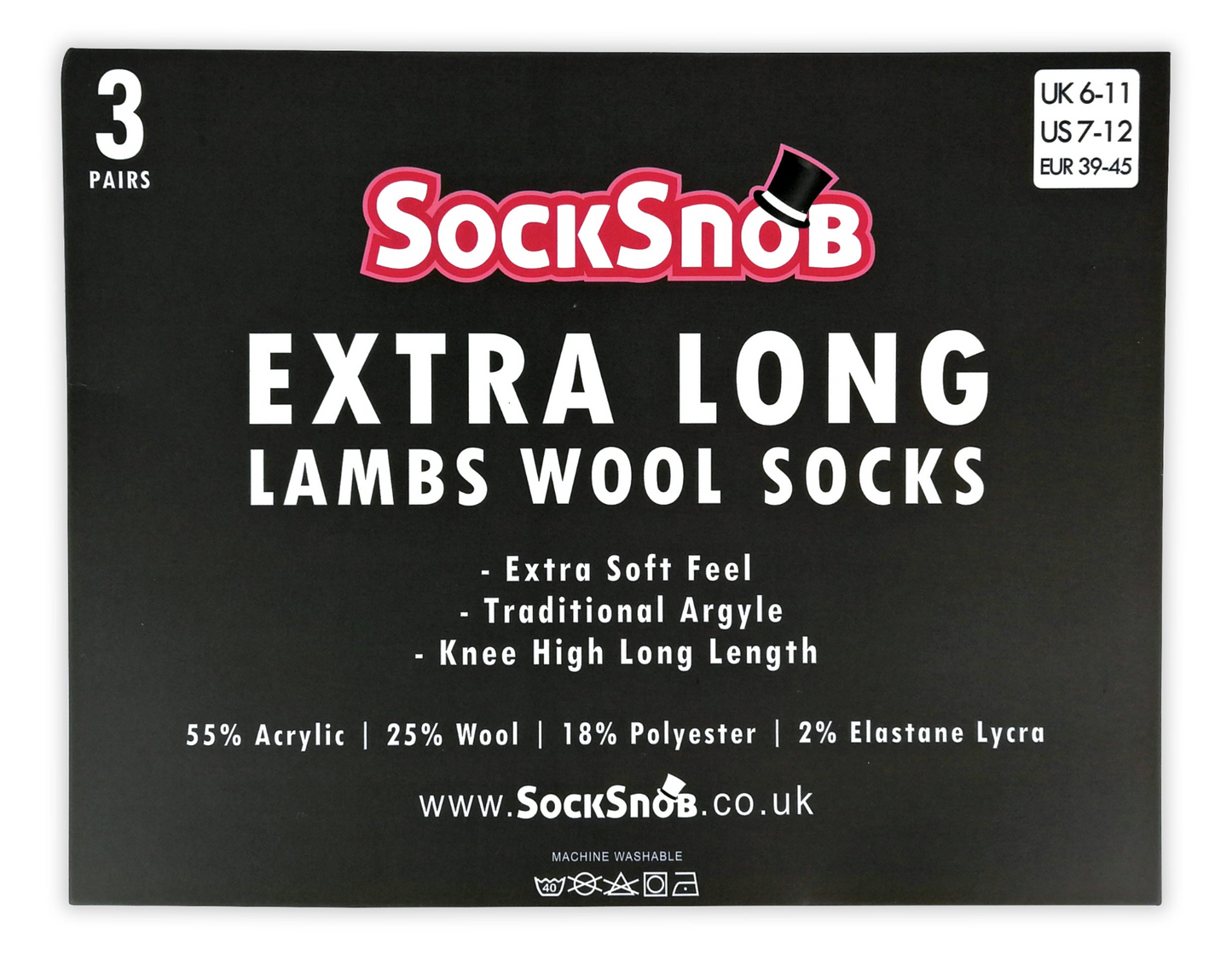 3 Pairs Mens Argyle Lambs Wool Knee High Socks