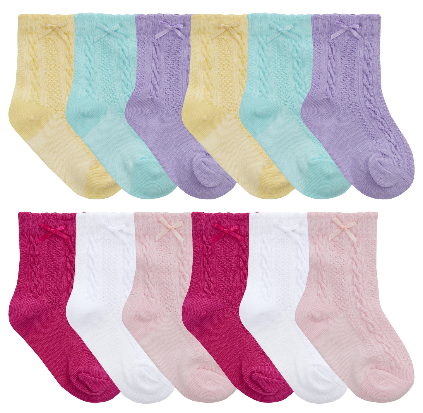 Babies 12 Pairs Soft Breathable Cable/Bow Socks