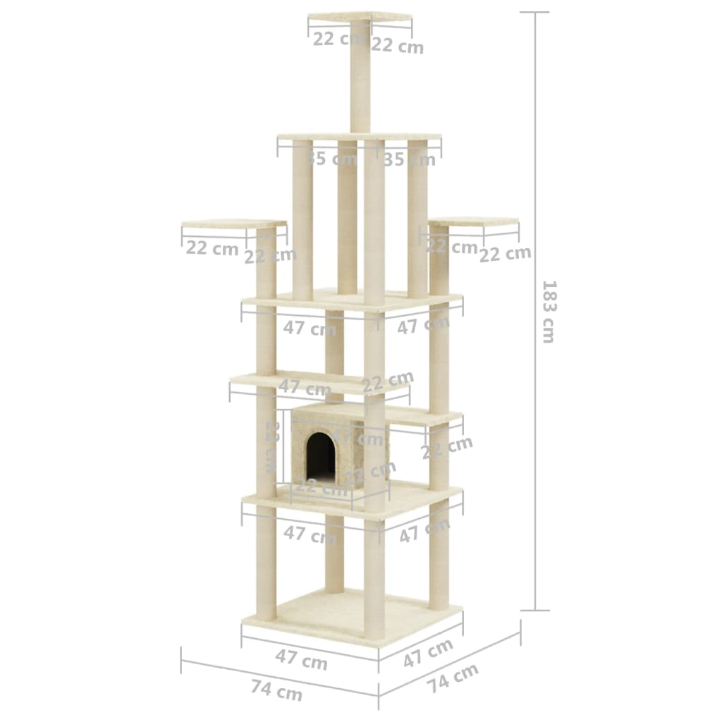 Cat Tree with Sisal Scratching Posts Cream 183 cm