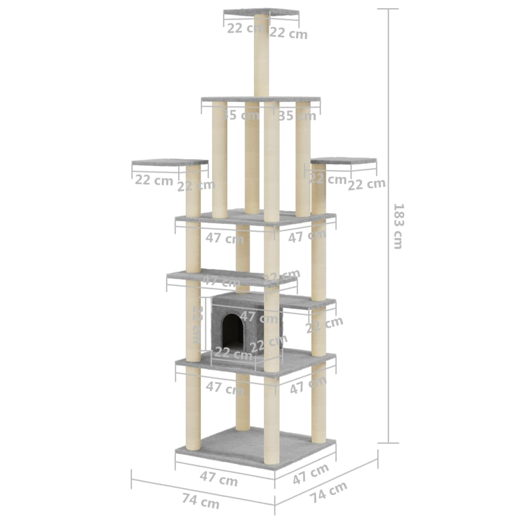 Cat Tree with Sisal Scratching Posts Light Grey 183 cm