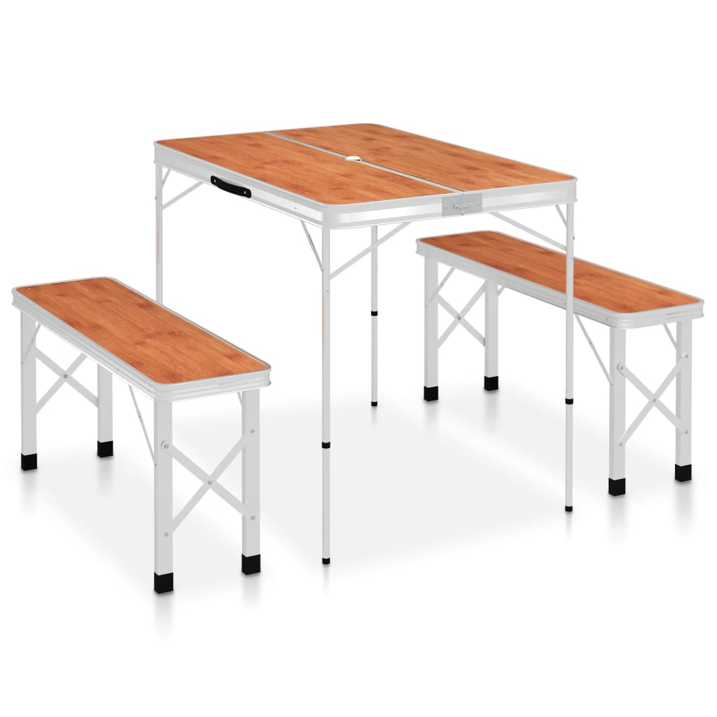 Folding Camping Table with 2 Benches Aluminium Brown