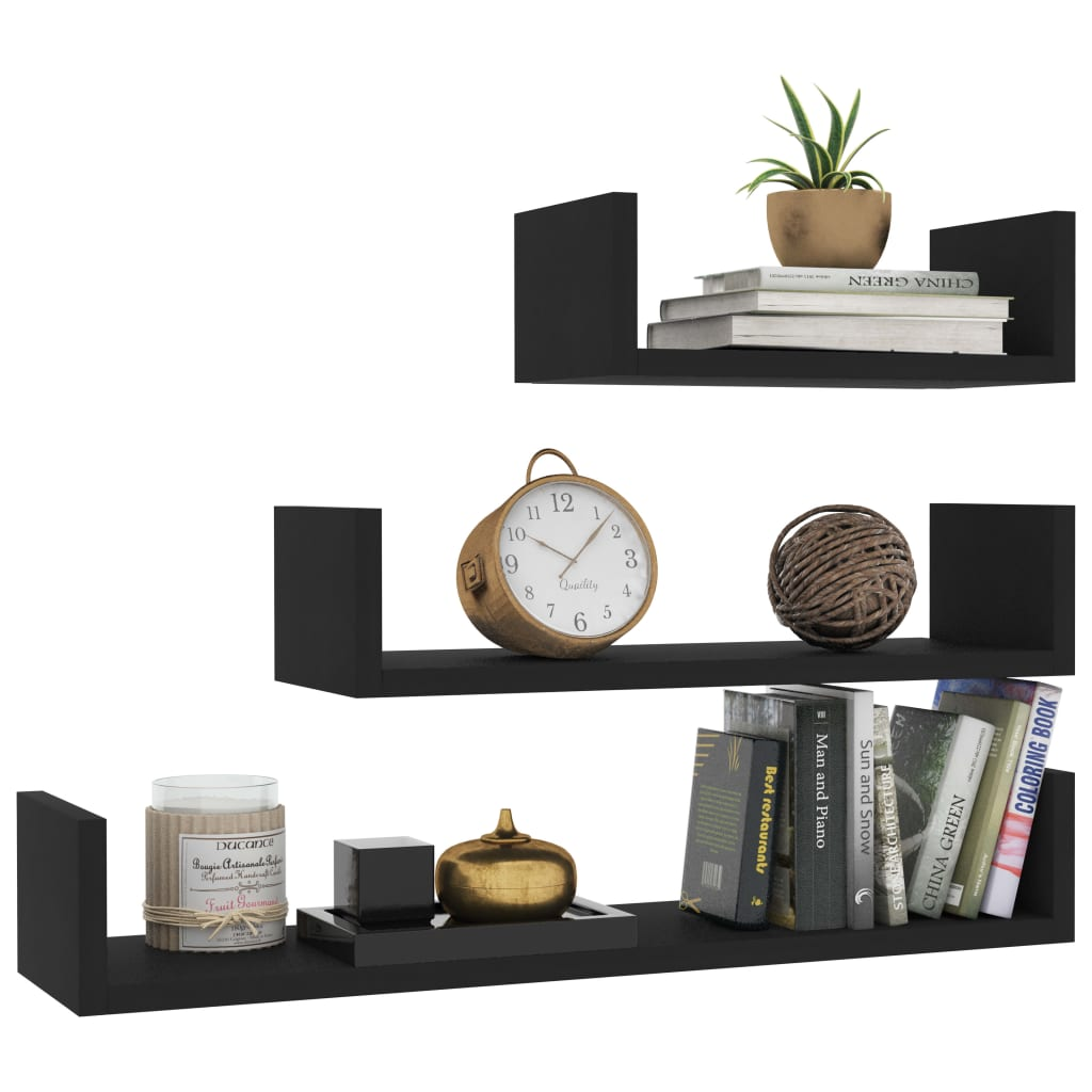 Wall Display Shelf 3 pcs Black Engineered Wood