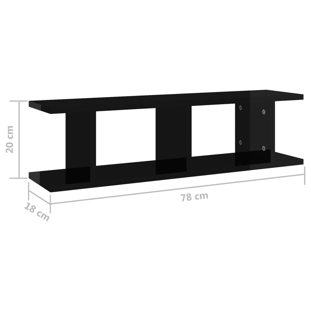 Wall Shelves 2 pcs High Gloss Black 75x18x20 cm Engineered Wood